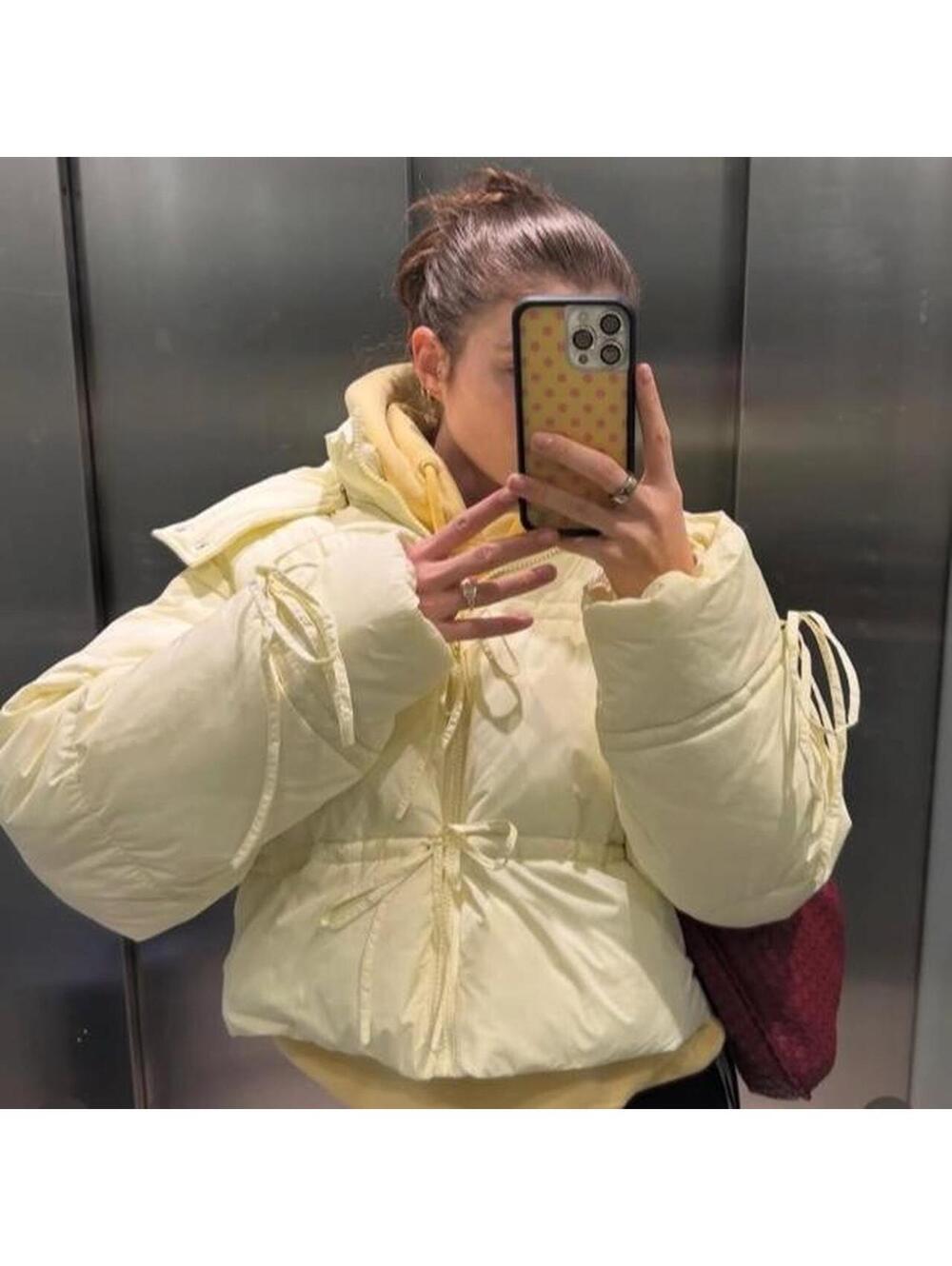 Daisy Street Willow Tie-Front Bow Cropped Puffer Jacket